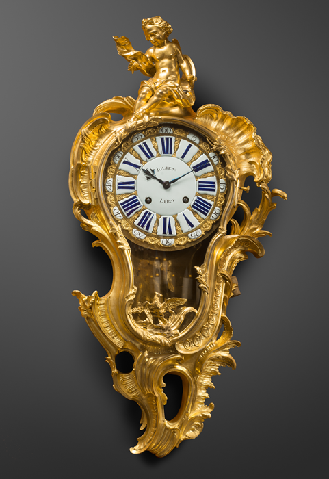 Case attributed to Jacques Caffiéri
Important Gilt Bronze Cartel Clock
“Allegory of Geometry”
Paris, Louis XV period, circa 1745-49 